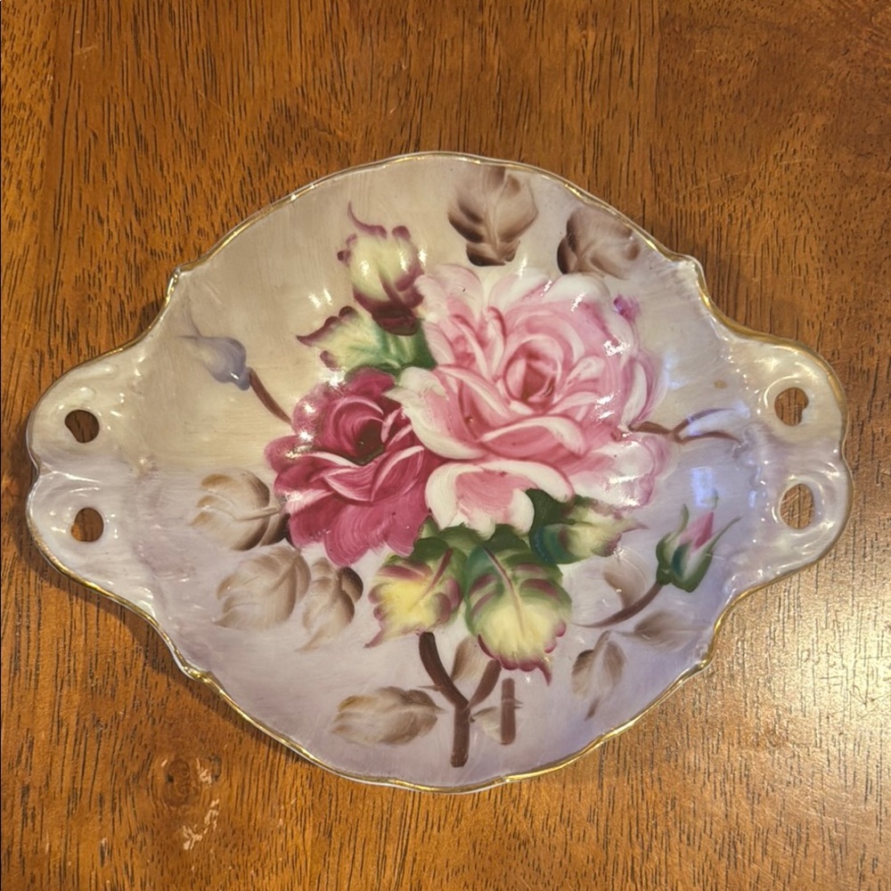 Lefton Floral Ceramic Dish with Pink and Dark Pink Roses